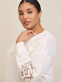 Waffle V-Neck Lace Inset Sweatshirt
