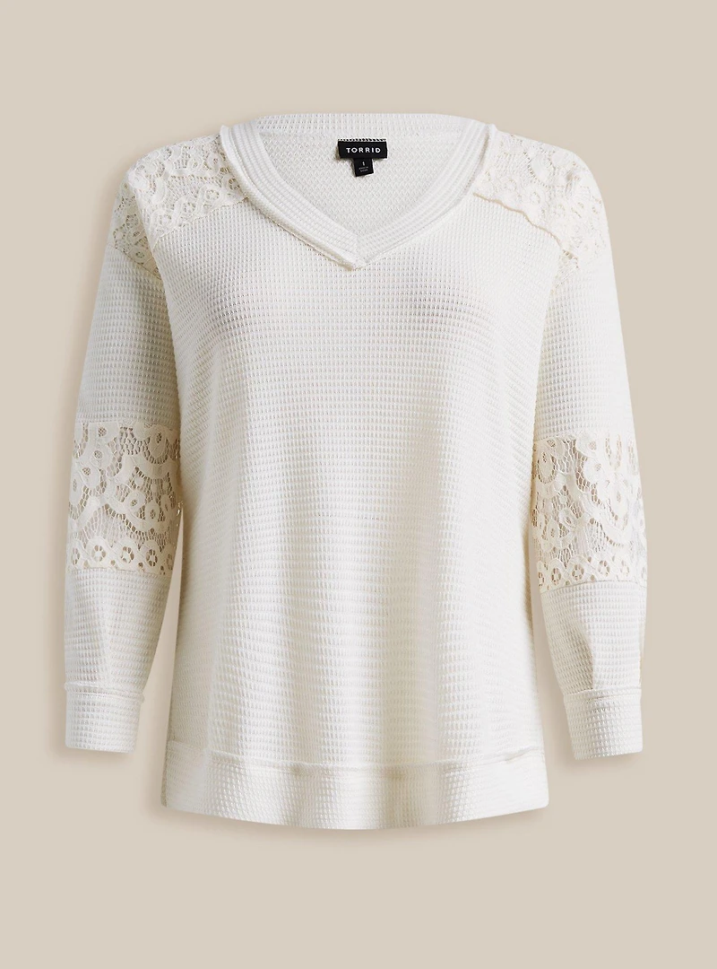 Waffle V-Neck Lace Inset Sweatshirt