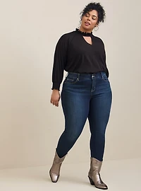 Textured Jersey Choker Neck Smocked Bottom Top