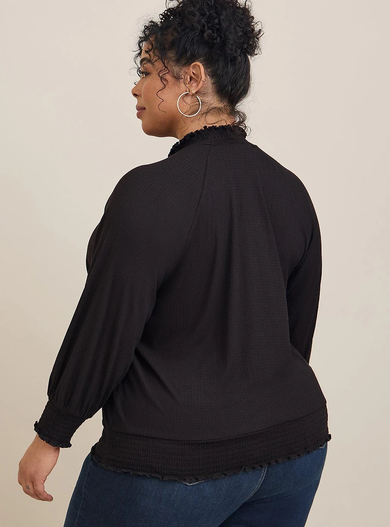 Textured Jersey Choker Neck Smocked Bottom Top