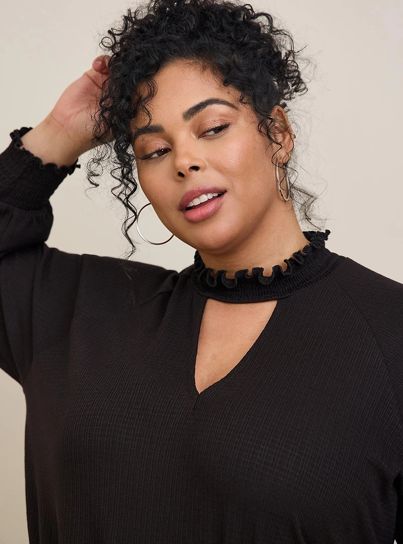 Textured Jersey Choker Neck Smocked Bottom Top