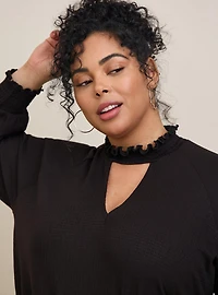 Textured Jersey Choker Neck Smocked Bottom Top