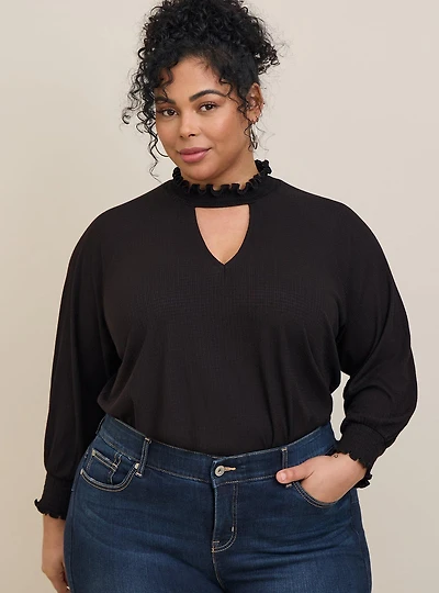 Textured Jersey Choker Neck Smocked Bottom Top