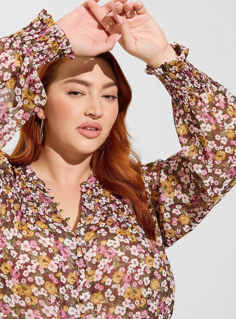 Crinkle Chiffon Smocked Blouson Sleeve Blouse