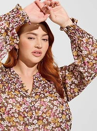 Crinkle Chiffon Smocked Blouson Sleeve Blouse