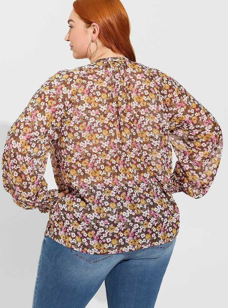 Crinkle Chiffon Smocked Blouson Sleeve Blouse