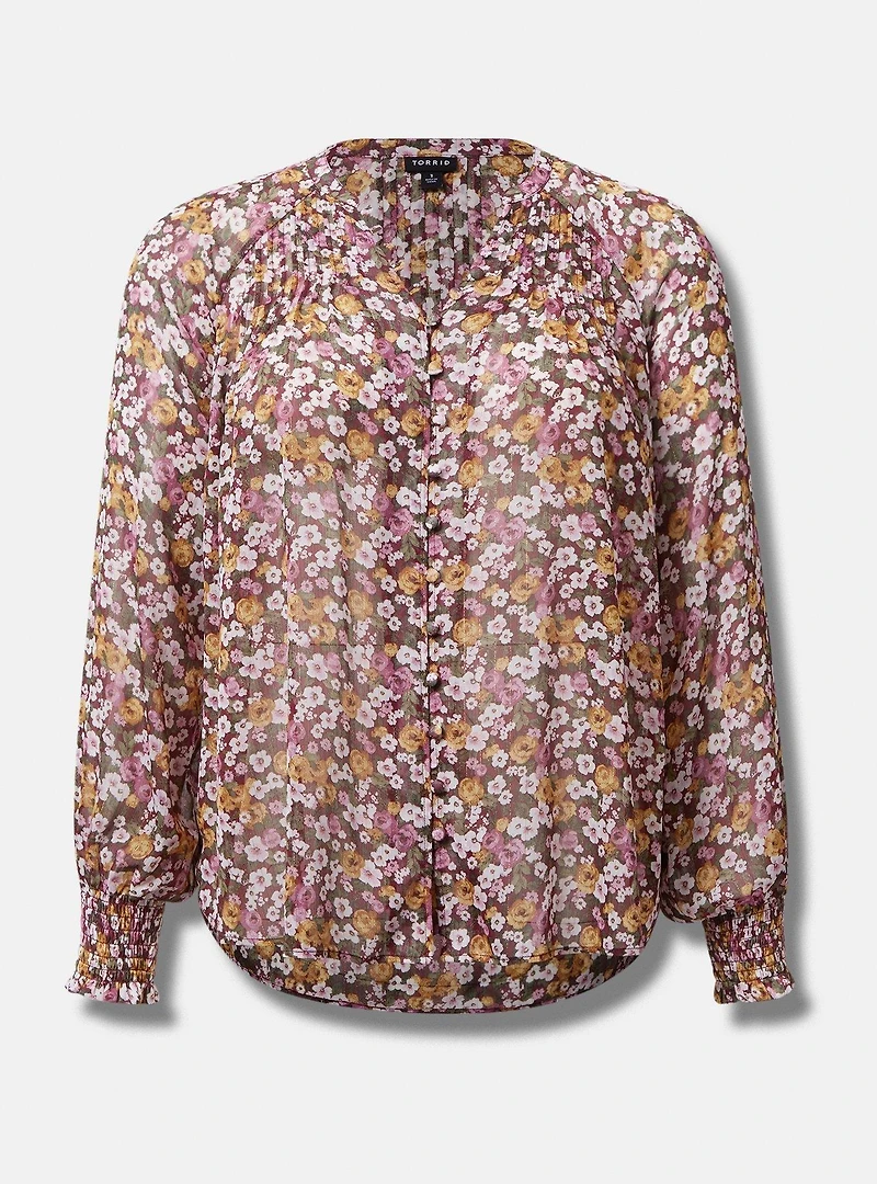 Crinkle Chiffon Smocked Blouson Sleeve Blouse