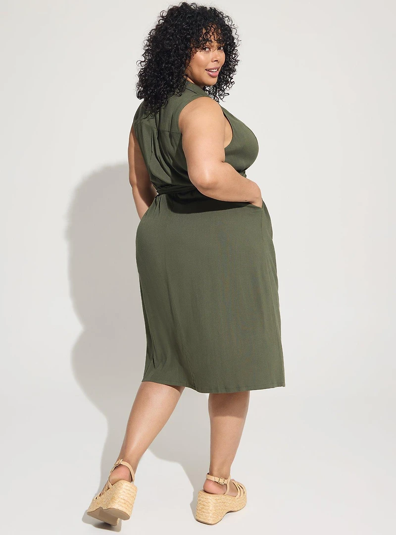 Midi Rayon Slub Sleeveless Shirt Dress