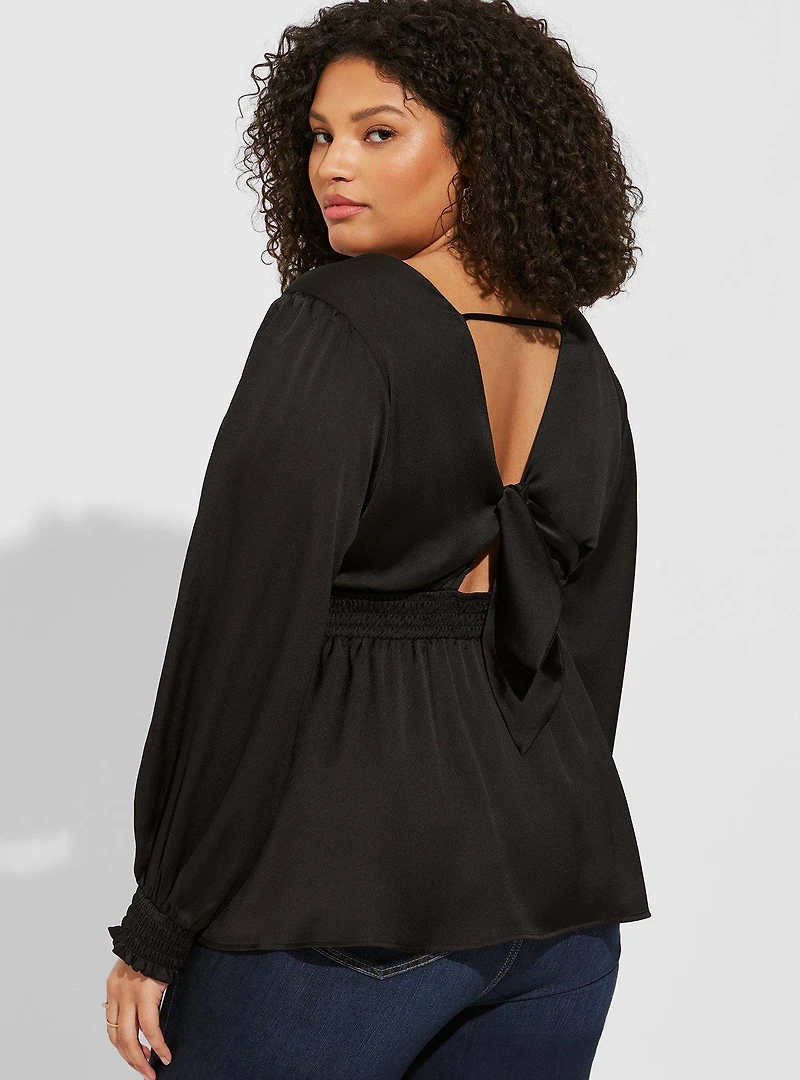 Satin Surplice Tie Cut Out Back Long Sleeve Blouse