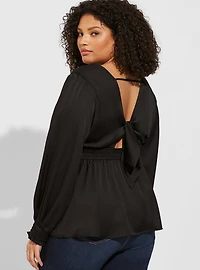 Satin Surplice Tie Cut Out Back Long Sleeve Blouse