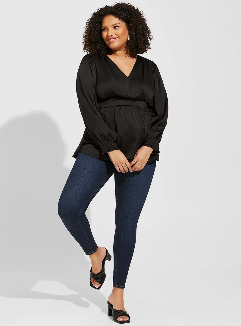 Satin Surplice Tie Cut Out Back Long Sleeve Blouse