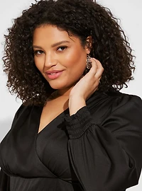 Satin Surplice Tie Cut Out Back Long Sleeve Blouse