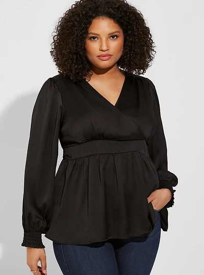 Satin Surplice Tie Cut Out Back Long Sleeve Blouse
