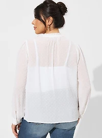 Chiffon Clip Dot Ruffle Neck Tie Front Top