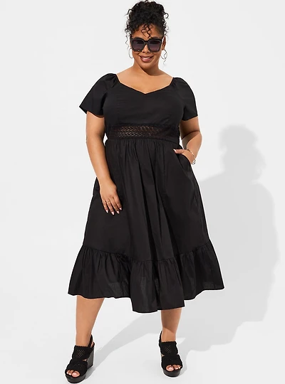 Midi Poplin Sheer Waist Dress