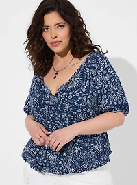 Washable Crinkle Gauze Blouson Short Sleeve Crop Top