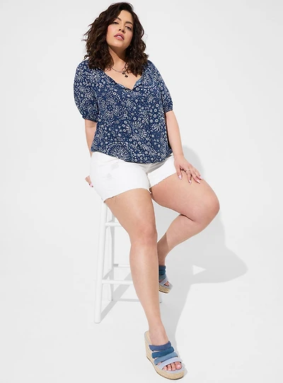 Washable Crinkle Gauze Blouson Short Sleeve Crop Top