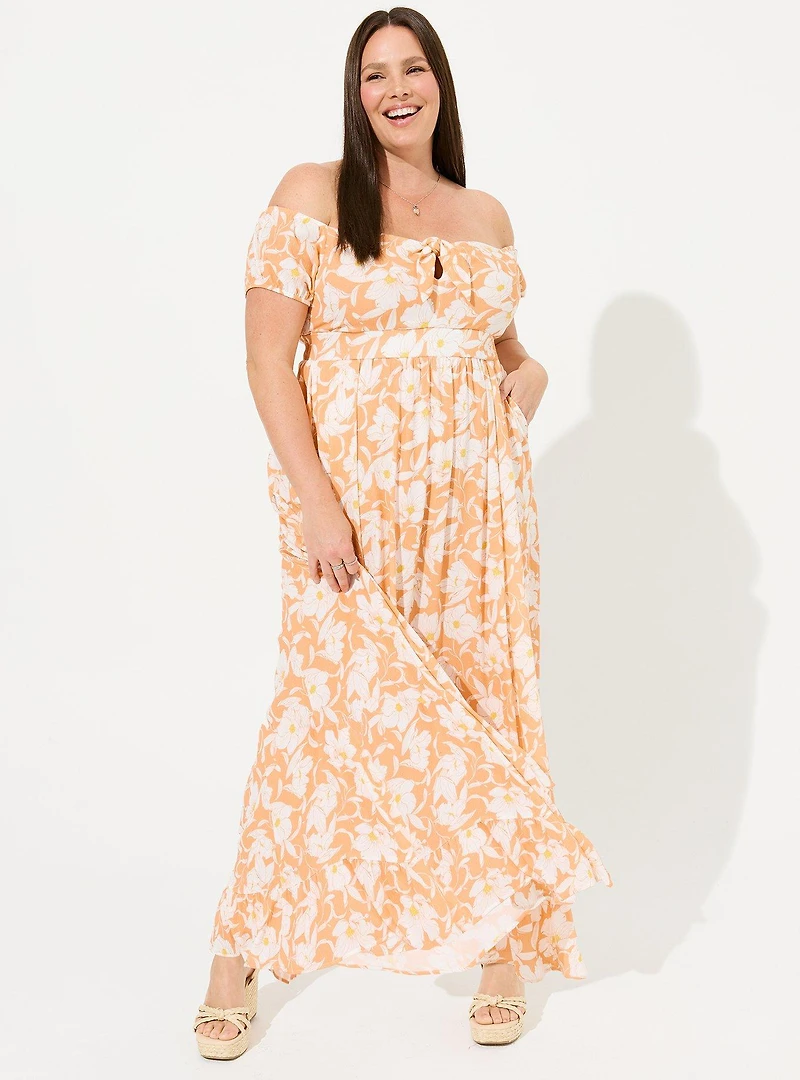 Maxi Gauze Off Shoulder Tie Front Dress