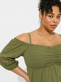 Front Tie 3/4 Sleeve Cold Shoulder Top