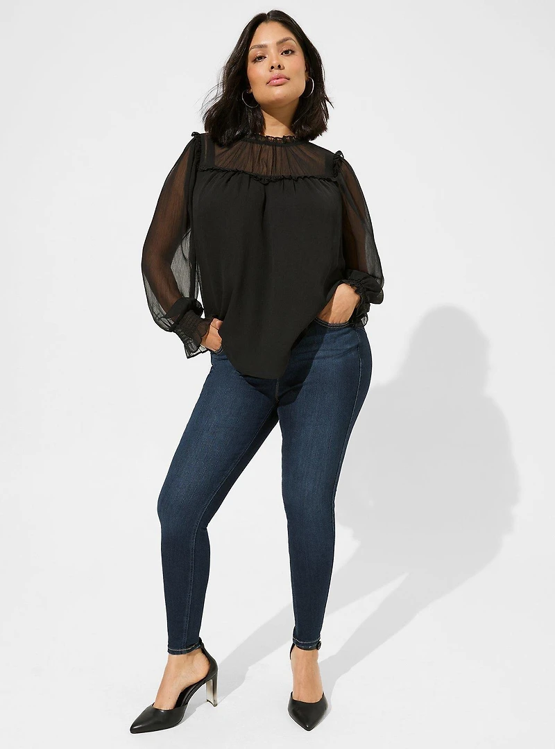 Crinkle Chiffon Ruffle Blouson Sleeve Blouse