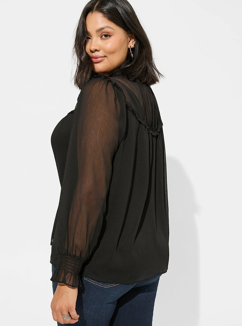 Crinkle Chiffon Ruffle Blouson Sleeve Blouse