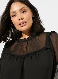 Crinkle Chiffon Ruffle Blouson Sleeve Blouse