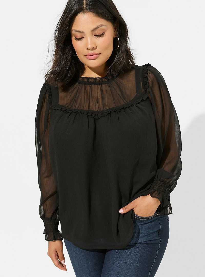 Crinkle Chiffon Ruffle Blouson Sleeve Blouse