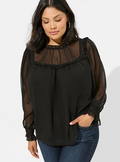 Crinkle Chiffon Ruffle Blouson Sleeve Blouse