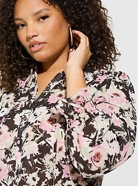 Crinkle Chiffon Button Up Mock Neck Blouse