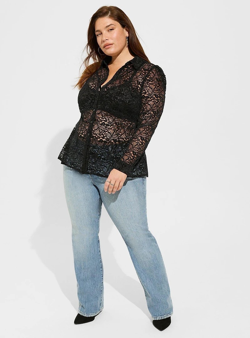 Chenille Lace Long Sleeve Button Up Blouse