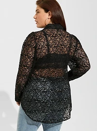 Chenille Lace Long Sleeve Button Up Blouse