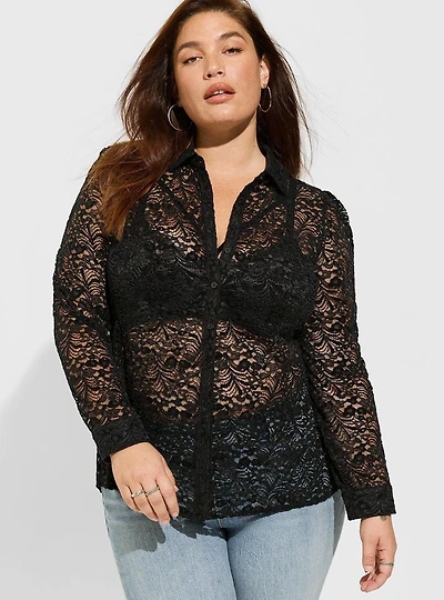 Chenille Lace Long Sleeve Button Up Blouse