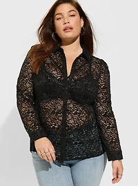 Chenille Lace Long Sleeve Button Up Blouse