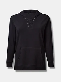 Cozy Fleece Lace Up Side Slit Hooded Sweatshirt
