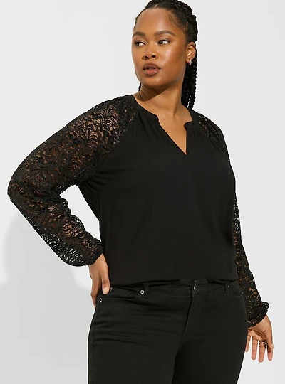 Washable Crinkle Gauze Lace Bishop Sleeve Blouse
