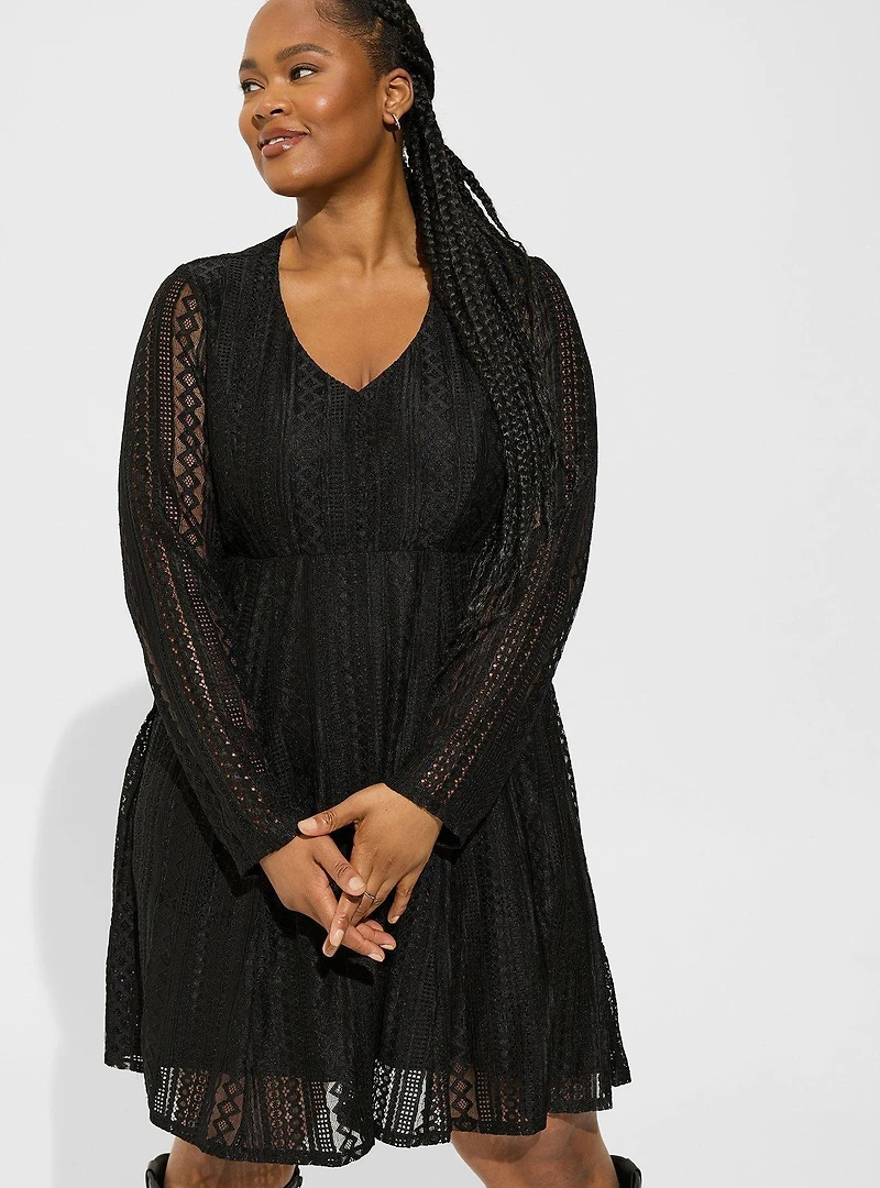 At The Knee Geo Lace V-Neck Skater Dress