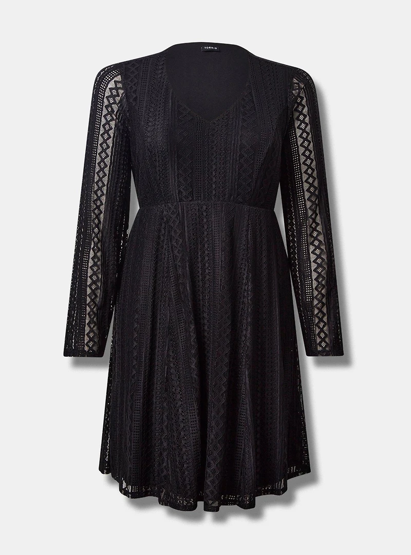 At The Knee Geo Lace V-Neck Skater Dress