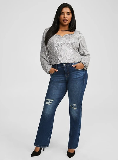 Sequin Deep V-Neck Long Sleeve Blouse