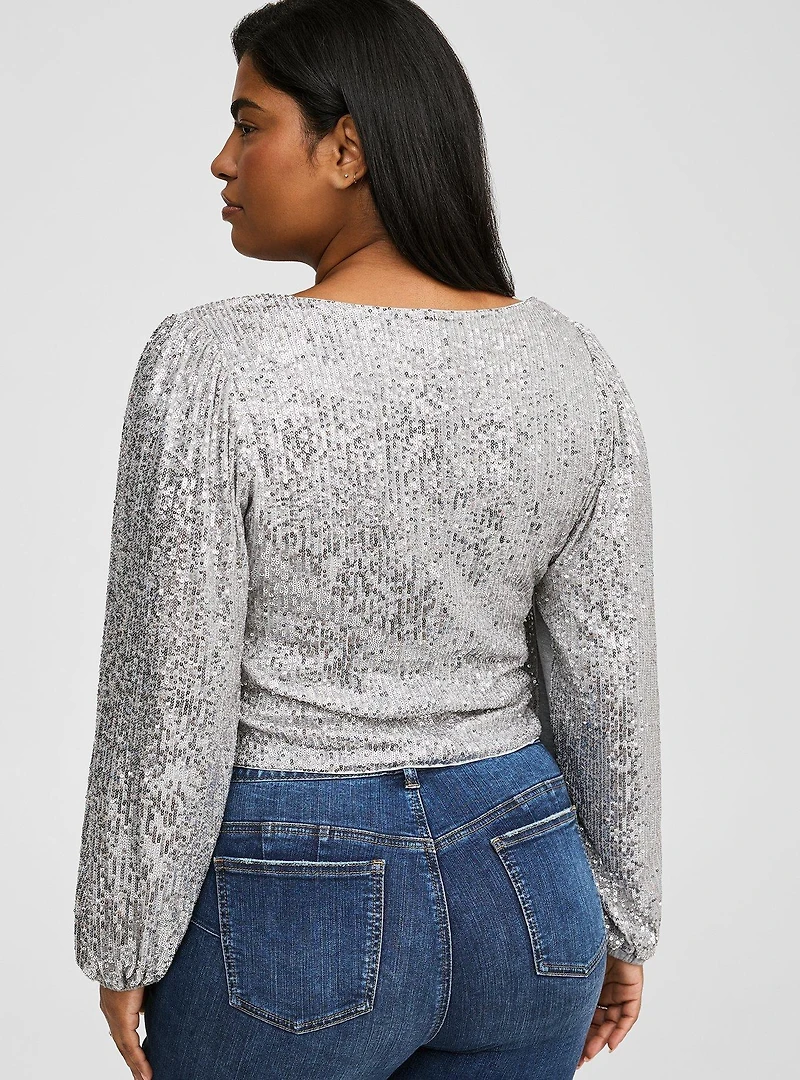 Sequin Deep V-Neck Long Sleeve Blouse