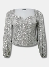 Sequin Deep V-Neck Long Sleeve Blouse