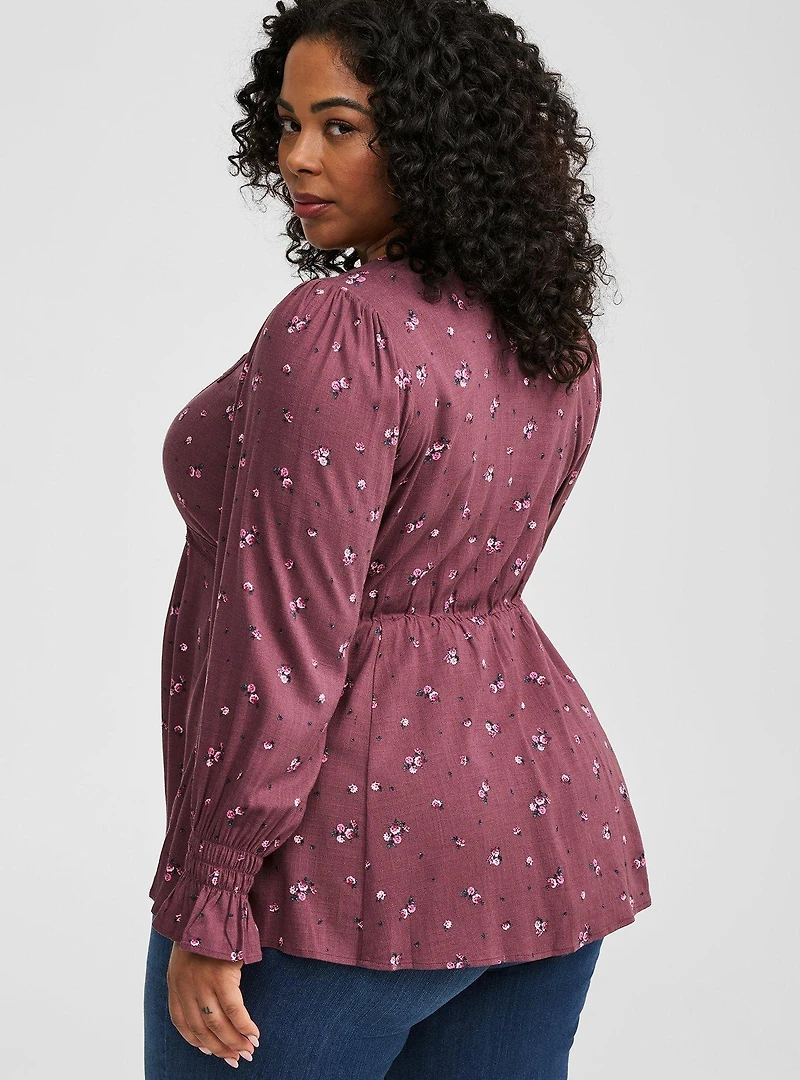 Babydoll Rayon Slub Lace Trim Long Sleeve Top