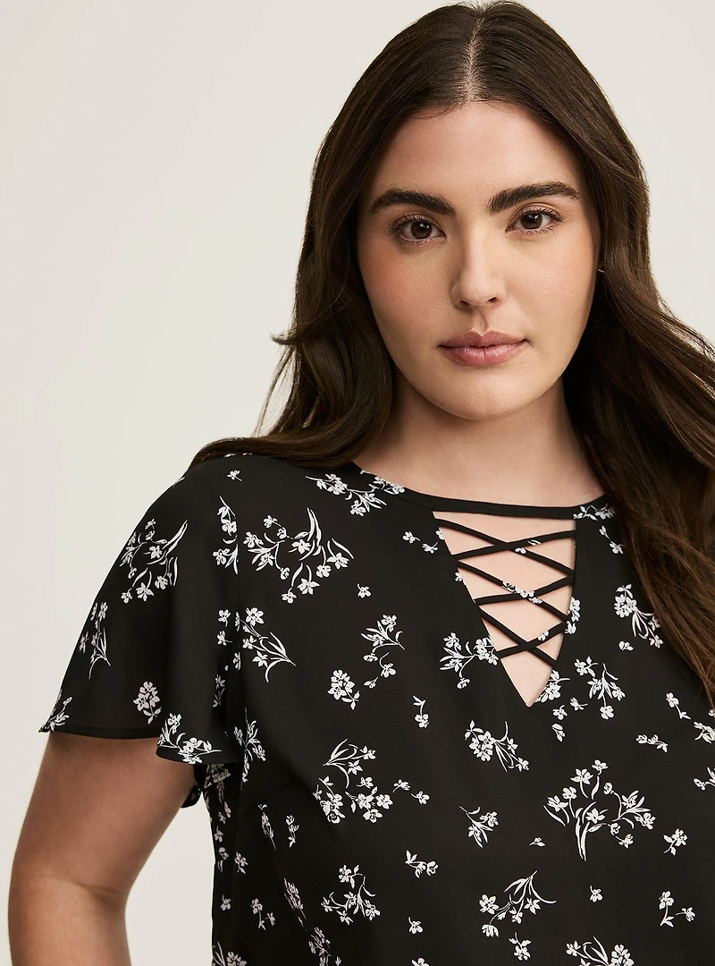 Georgette Lattice V-Neck Flutter Sleeve Blouse