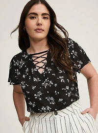 Georgette Lattice V-Neck Flutter Sleeve Blouse