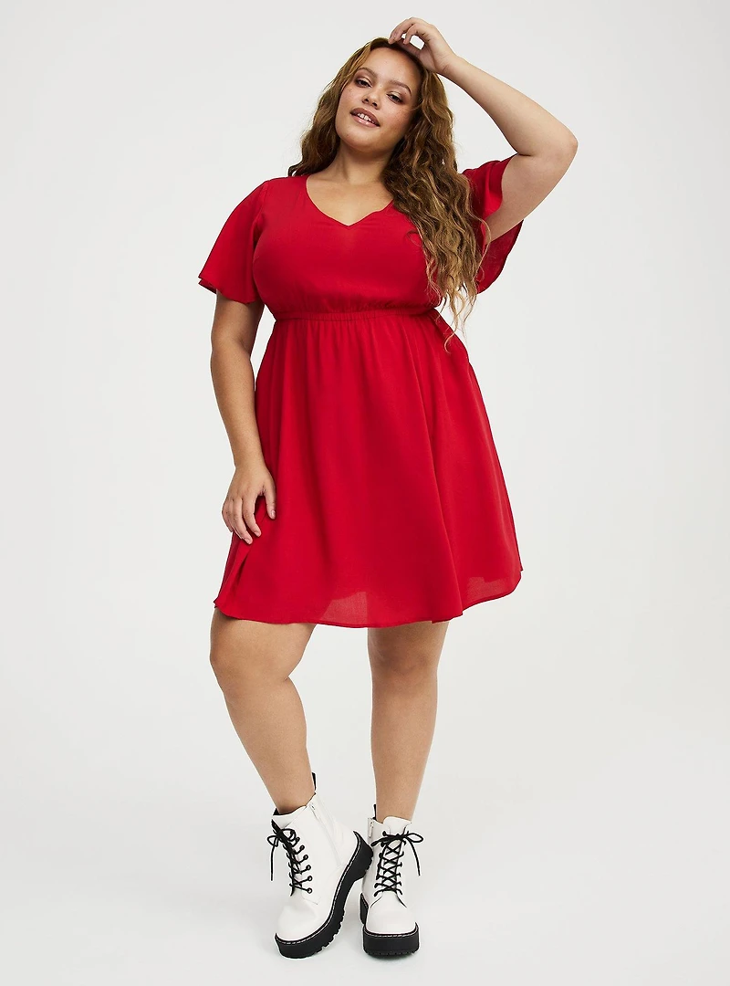 V-Neck Elastic Waist Mini Dress