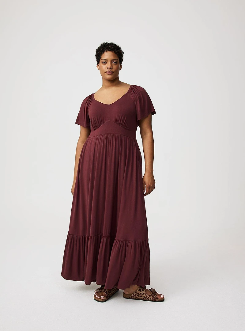 Maxi Flutter-Sleeve Tiered Dress