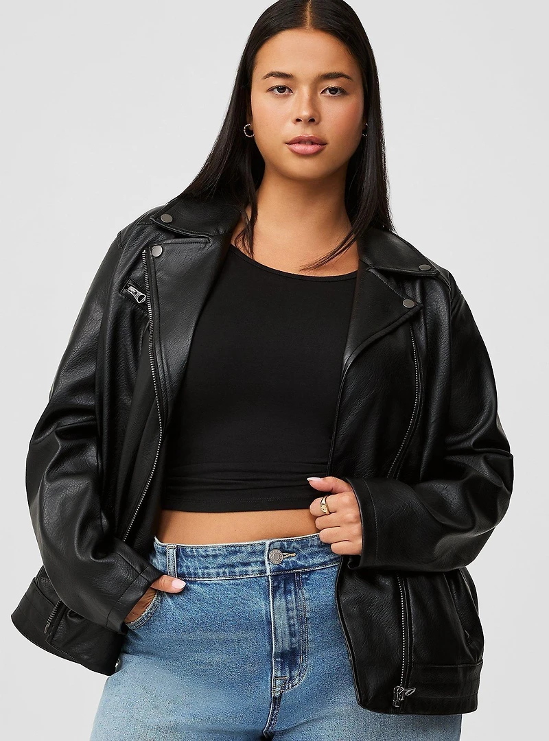 Textured Faux Leather Relaxed Moto Jacket