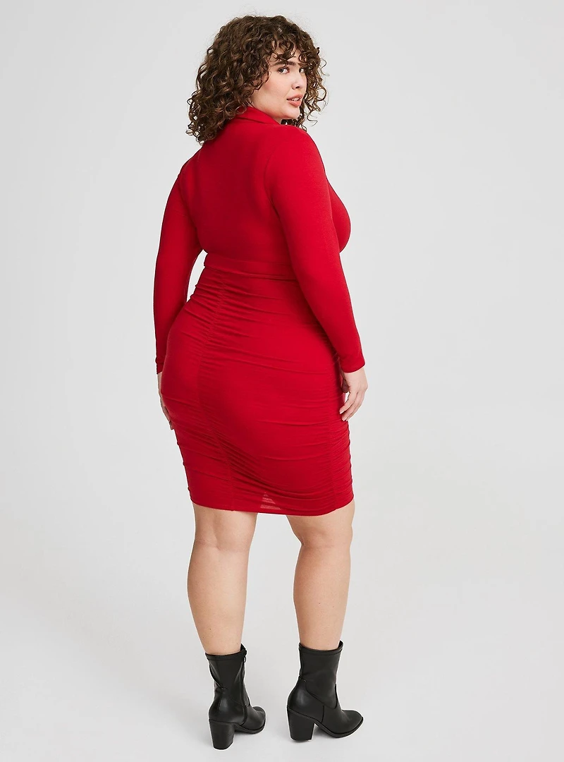 Mini Jersey Long Sleeve Collar Surplice Dress