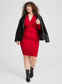 Mini Jersey Long Sleeve Collar Surplice Dress