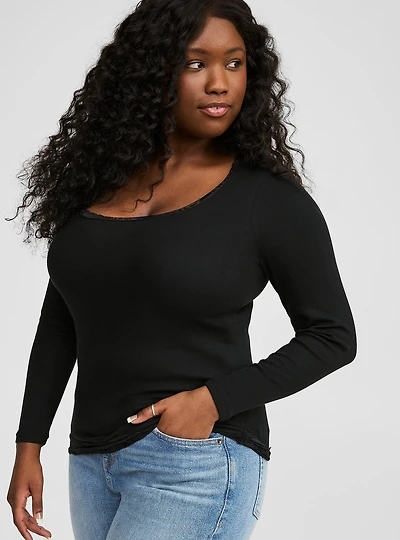Cotton Modal Rib Scoop Neck Lace Trim Tee