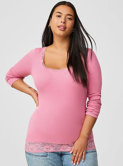 Cotton Modal Rib Scoop Neck Lace Trim Tee